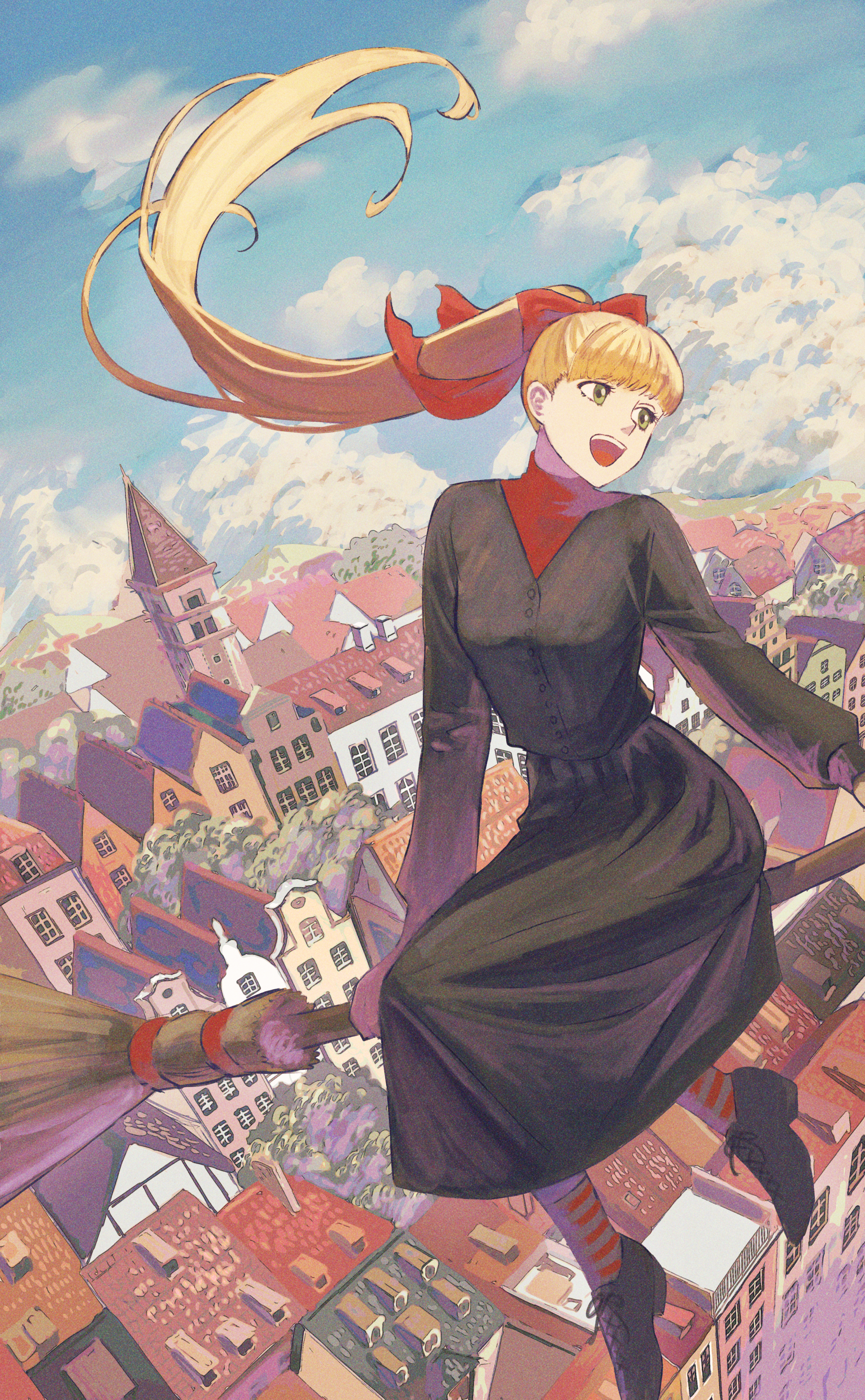 edaori, original, absurdres, highres, 1girl, black dress, blonde hair, blue sky, bow, broom, broom riding, building, buttons, chimney, cloud, day, dormer, dress, eyelashes, floating hair, flying, green eyes, grin, hair bow, high ponytail, long hair, long sleeves, open mouth, ponytail, red ribbon, red shirt, ribbon, rooftop, shirt, shoelaces, shoes, sky, smile, socks, striped clothes, striped socks, tower, town, tree, window, witch