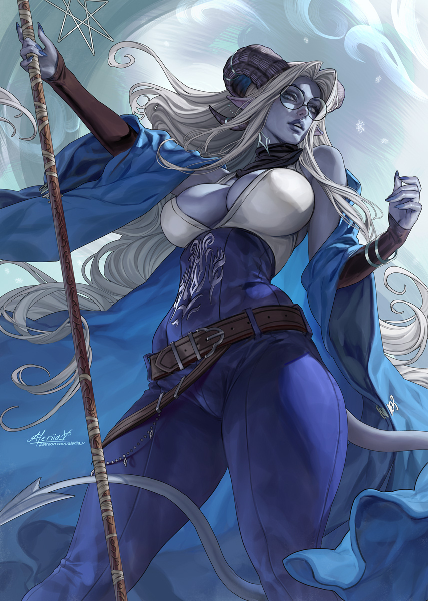 aleriia v, highres, belt, blue nails, blue pants, breasts, cleavage, colored skin, from below, glasses, holding, holding staff, horns, large breasts, long hair, pants, pointy ears, purple skin, staff, tail, white hair