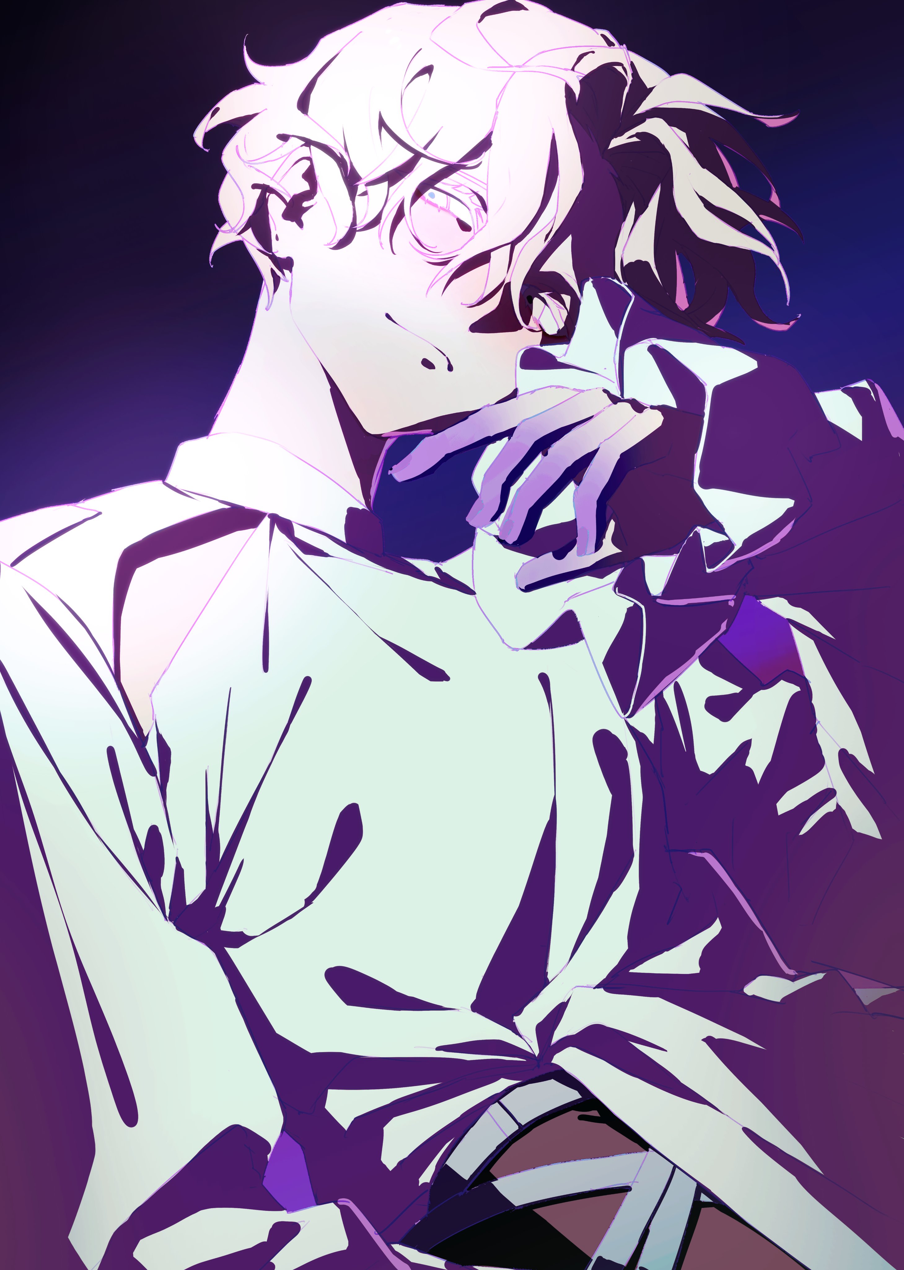 333takoyaki, luka (alien stage), alien stage, absurdres, commentary request, highres, 1boy, blouse, closed mouth, colored extremities, eyelashes, gradient background, hair between eyes, long sleeves, male focus, pants, purple hands, shirt, shirt partially tucked in, simple background, sleeves past wrists, solo, upper body