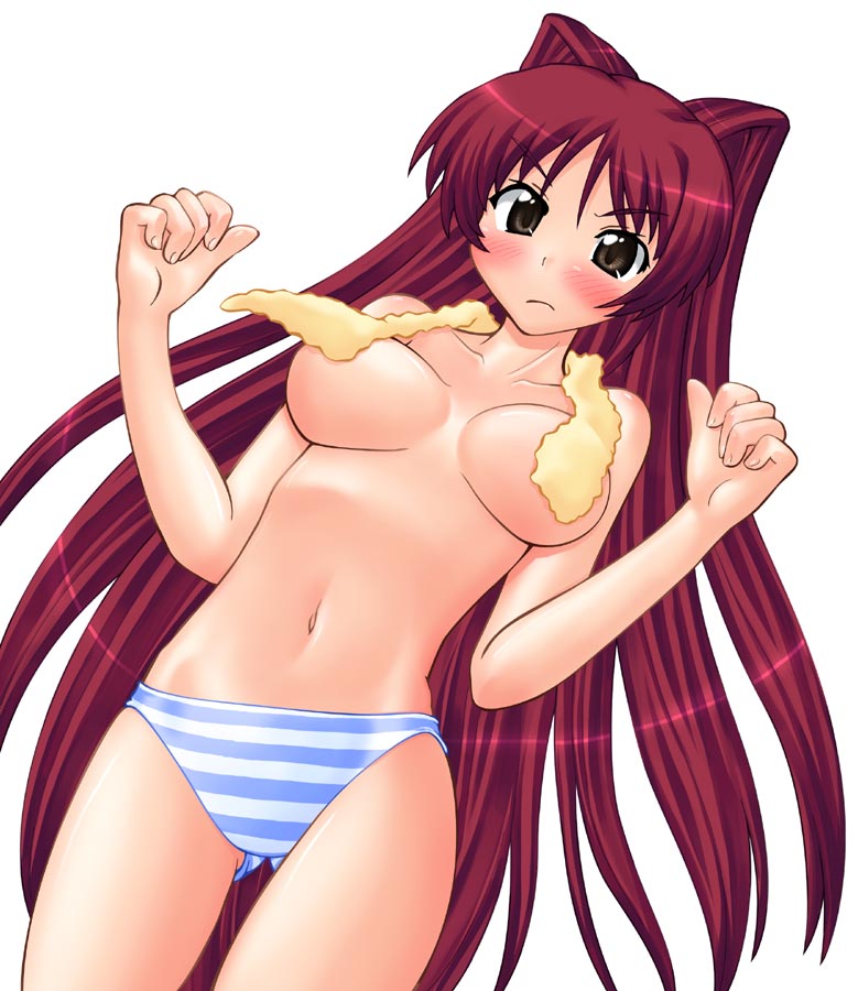 hase yu, kousaka tamaki, to heart (series), to heart 2, 00s, 1girl, blush, breasts, female focus, navel, no bra, panties, simple background, solo, standing, striped clothes, striped panties, topless female, underwear, white background