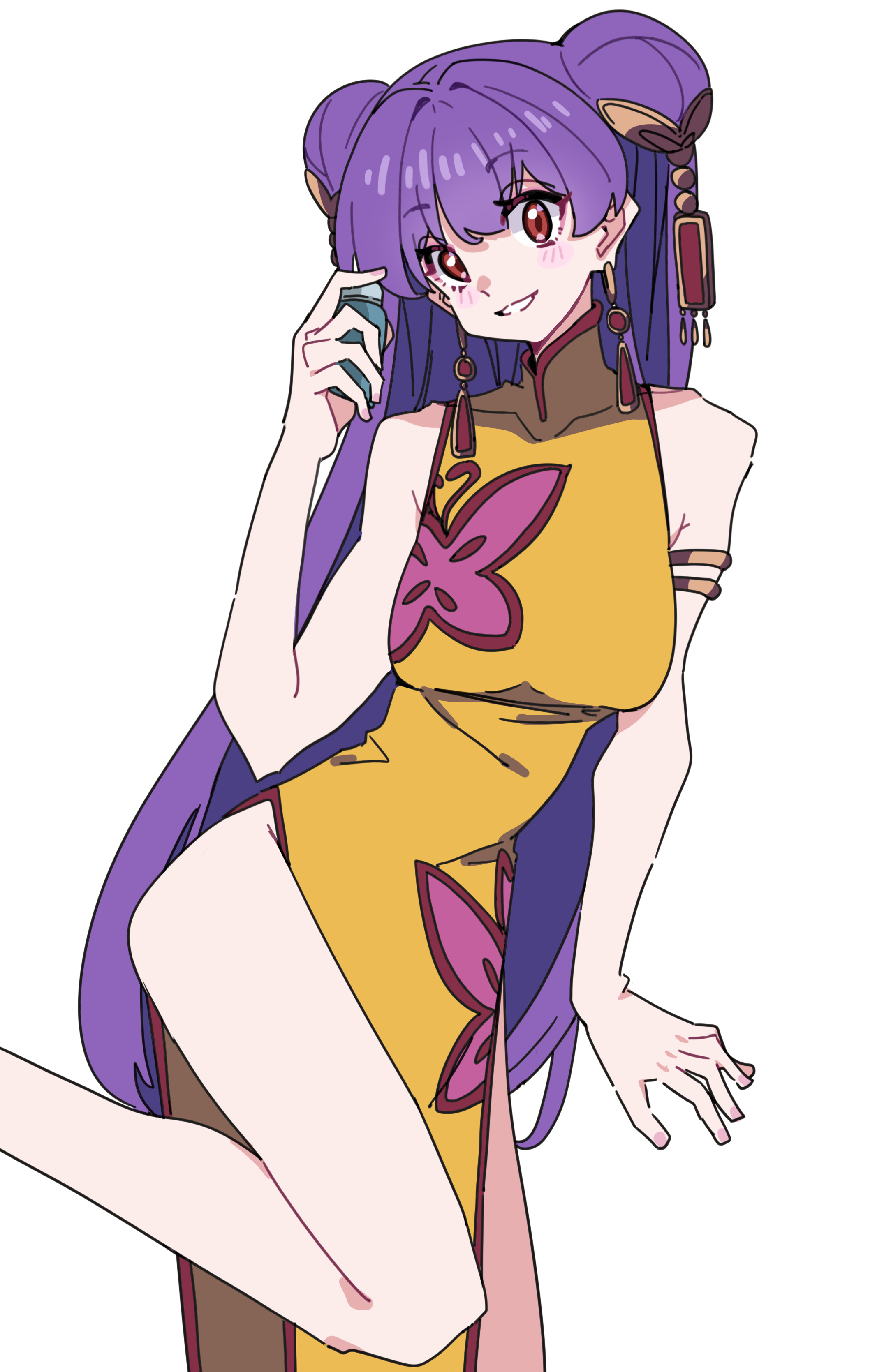 yaha0079, shampoo (ranma 1/2), ranma 1/2, absurdres, highres, 1girl, bottle, chinese clothes, double bun, dress, hair bun, hair ornament, holding, holding bottle, long hair, parted lips, purple hair, red eyes, side slit, simple background, smile, white background, yellow dress