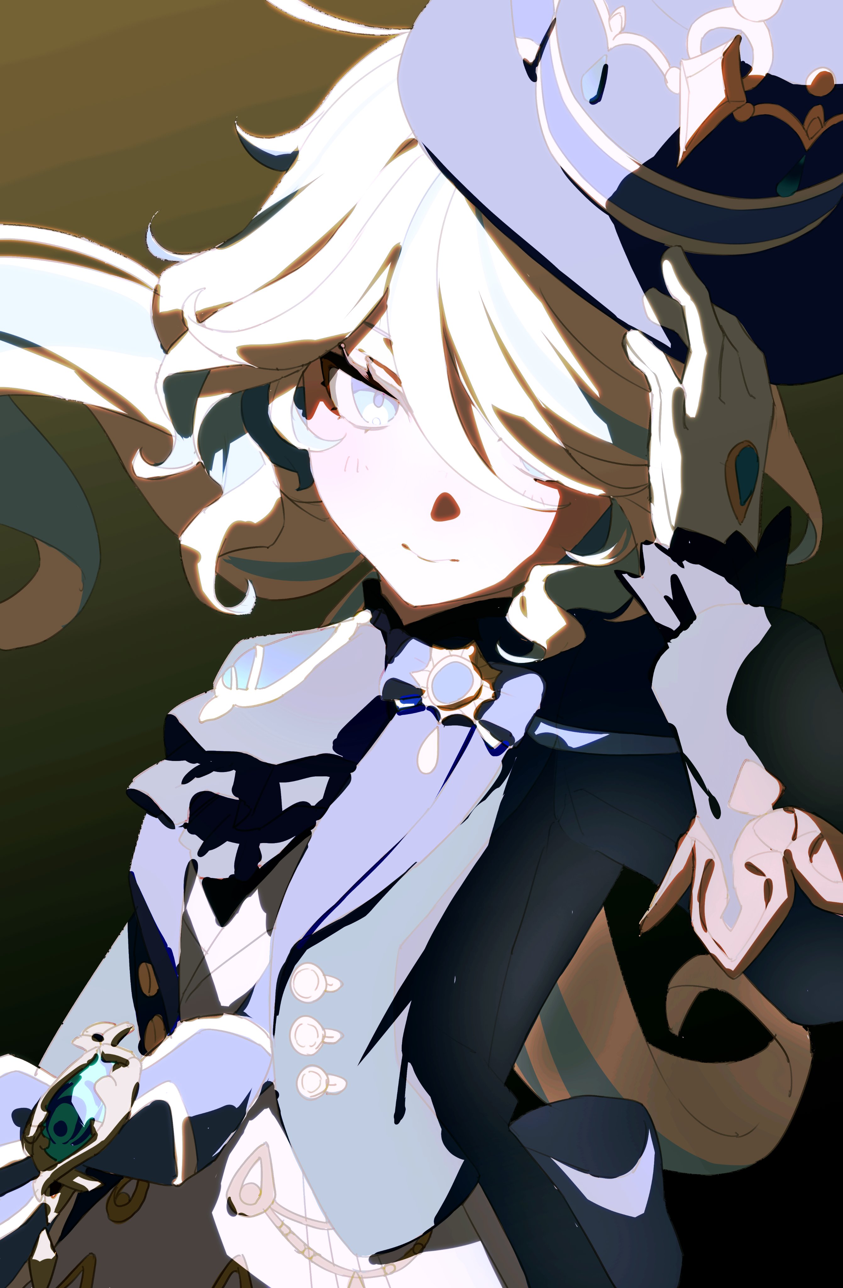 333takoyaki, furina (genshin impact), genshin impact, absurdres, commentary request, highres, 1girl, blue eyes, blue hair, blue hat, closed mouth, eyelashes, gloves, hair between eyes, hair over one eye, hand on headwear, hat, jacket, long hair, long sleeves, looking at viewer, multicolored hair, simple background, solo, tilted headwear, top hat, white gloves, white hair
