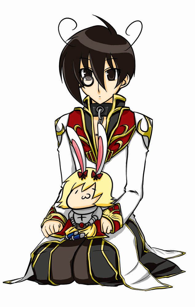 high priest (ragnarok online), lord knight (ragnarok online), ragnarok online, commentary request, 1boy, 1girl, :3, animal ears, armor, black-framed eyewear, black coat, blonde hair, bow, breastplate, brown hair, brown pants, chibi, chibi inset, closed mouth, coat, expressionless, full body, gold trim, hair between eyes, long bangs, long sleeves, mini person, minigirl, monocle, multicolored coat, on lap, pants, rabbit ears, rabbit girl, red bow, red coat, round eyewear, seiza, short hair, simple background, sitting, suiku n, two-tone coat, white background, white coat