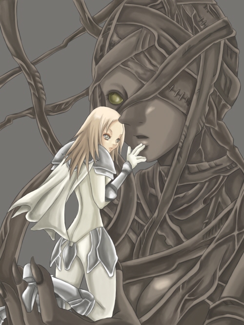 hilda (claymore), miria, claymore (series), 00s, 2girls, armor, armored dress, ass, blonde hair, bodysuit, dress, from behind, gloves, grey background, grey eyes, kneeling, kneepits, long sleeves, monster, multiple girls, simple background, size difference, skin tight, white gloves, yellow eyes