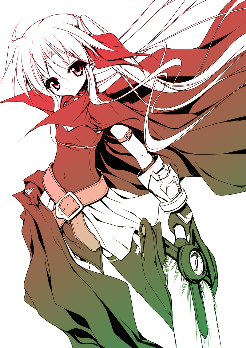 teruui, bardiche (nanoha), bardiche (zanber form) (nanoha), fate testarossa, fate testarossa (lightning form), lyrical nanoha, mahou shoujo lyrical nanoha, silver hair, 00s, 1girl, belt, bodysuit, buckle, cape, female focus, holding, holding sword, holding weapon, looking at viewer, monochrome, red eyes, red theme, simple background, solo, standing, sword, weapon, white background