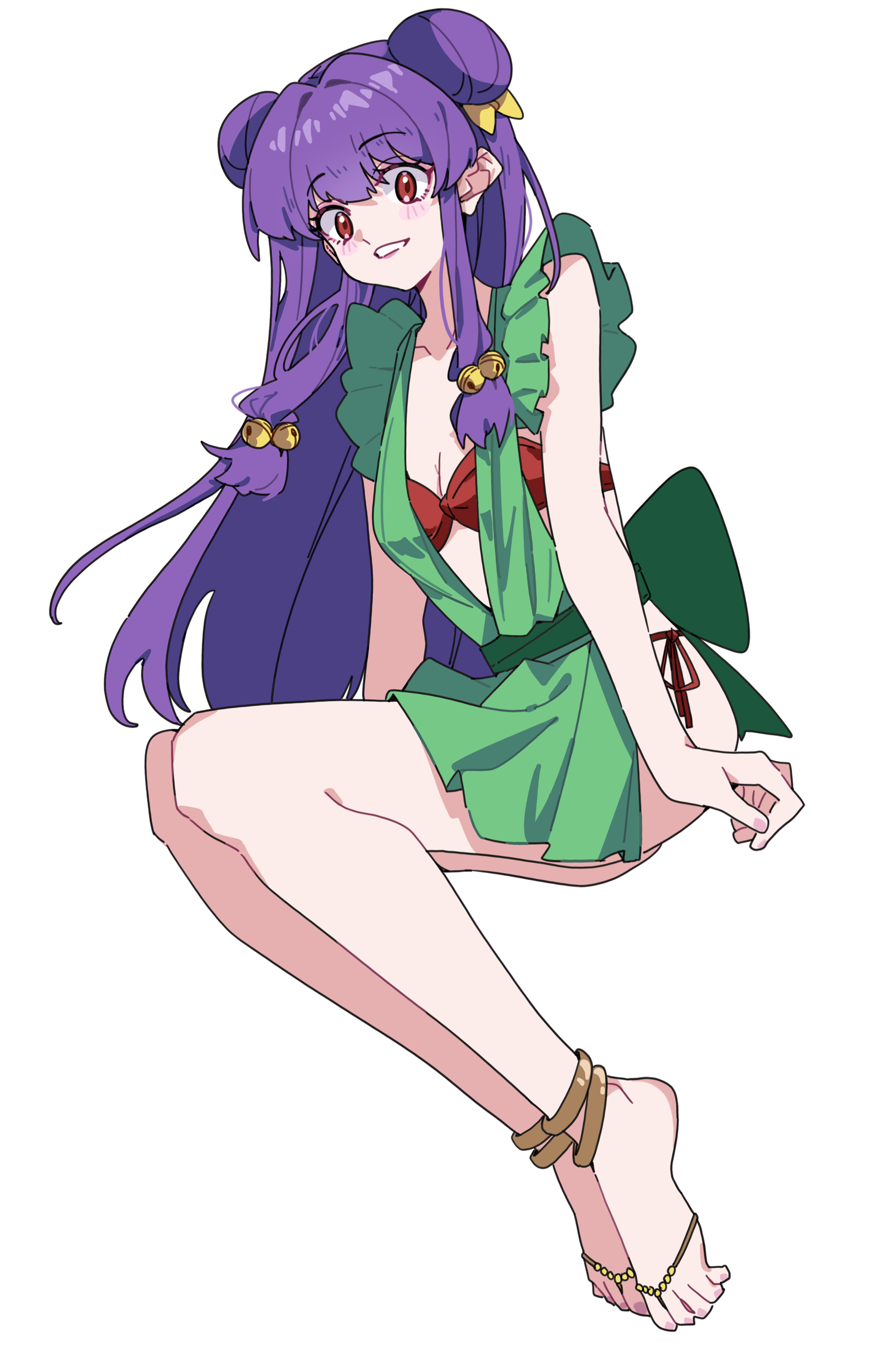 yaha0079, shampoo (ranma 1/2), ranma 1/2, absurdres, highres, 1girl, apron, bell, bikini, bow, double bun, green apron, hair bell, hair bun, hair ornament, jewelry, long hair, maid apron, parted lips, purple hair, red bikini, red eyes, sidelocks, simple background, smile, swimsuit, white background, yellow bow