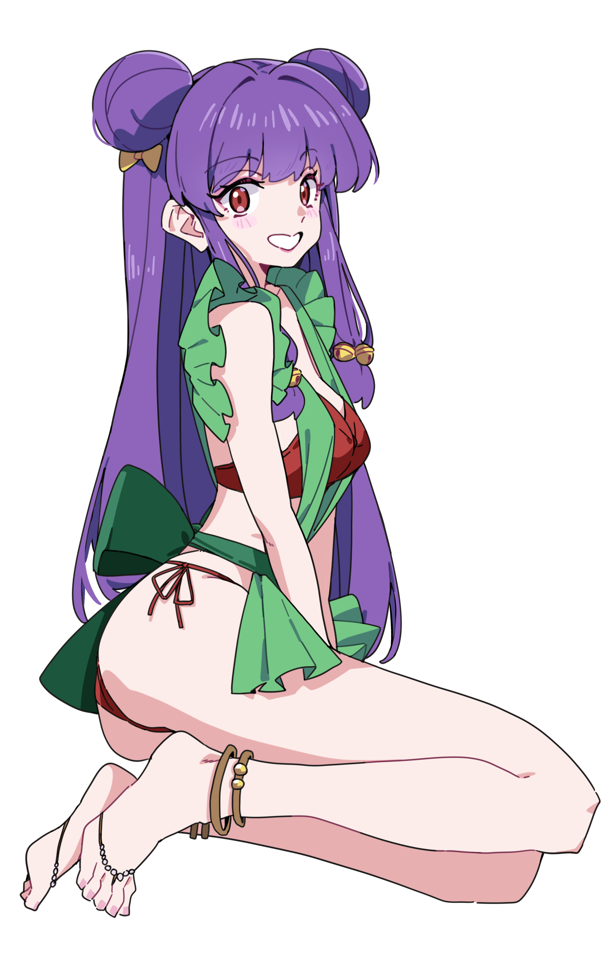 yaha0079, shampoo (ranma 1/2), ranma 1/2, absurdres, highres, 1girl, apron, bell, bikini, bow, double bun, green apron, hair bell, hair bow, hair bun, hair ornament, long hair, maid apron, purple background, purple hair, red bikini, red eyes, sidelocks, simple background, smile, swimsuit, yellow bow