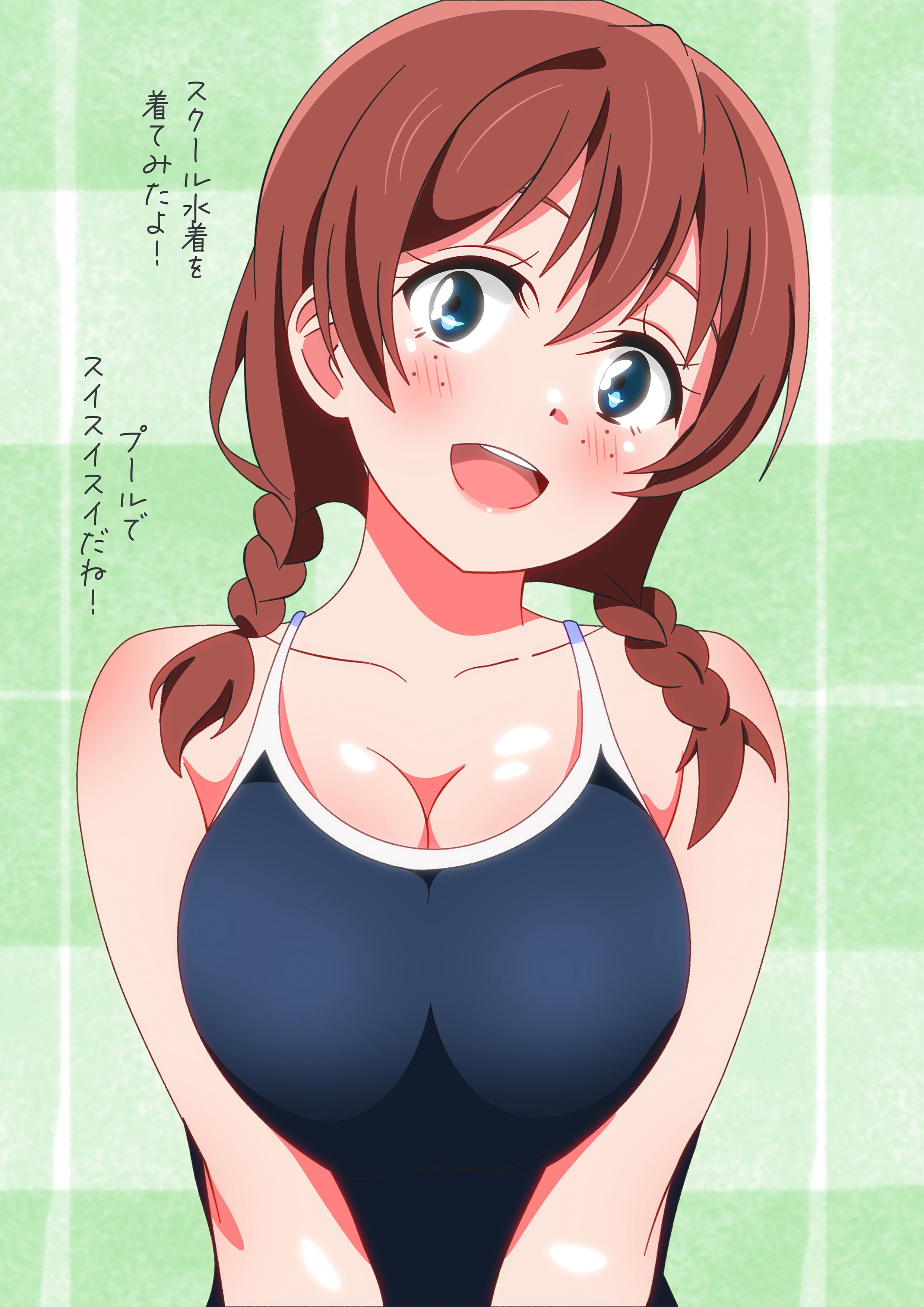 shinonome sakura, emma verde, love live!, love live! nijigasaki high school idol club, absurdres, commentary, highres, translated, bare arms, black one-piece swimsuit, blue eyes, blush, braid, breasts, brown hair, cleavage, collarbone, freckles, green background, hair between eyes, large breasts, long hair, looking at viewer, low twin braids, one-piece swimsuit, open mouth, school swimsuit, sidelocks, smile, swimsuit, teeth, twin braids, upper body, upper teeth only