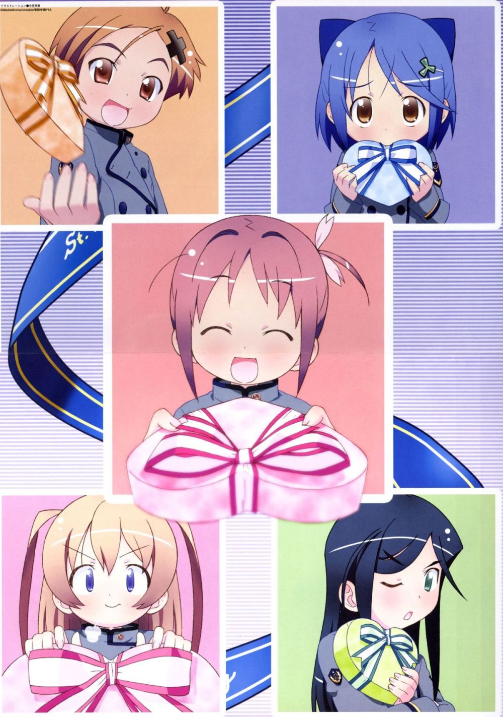 amamiya manami, etou mei, inamori mika, odori momoha, uehara mutsuki, gakuen utopia manabi straight!, highres, 00s, ribbon, school uniform, serafuku, valentine