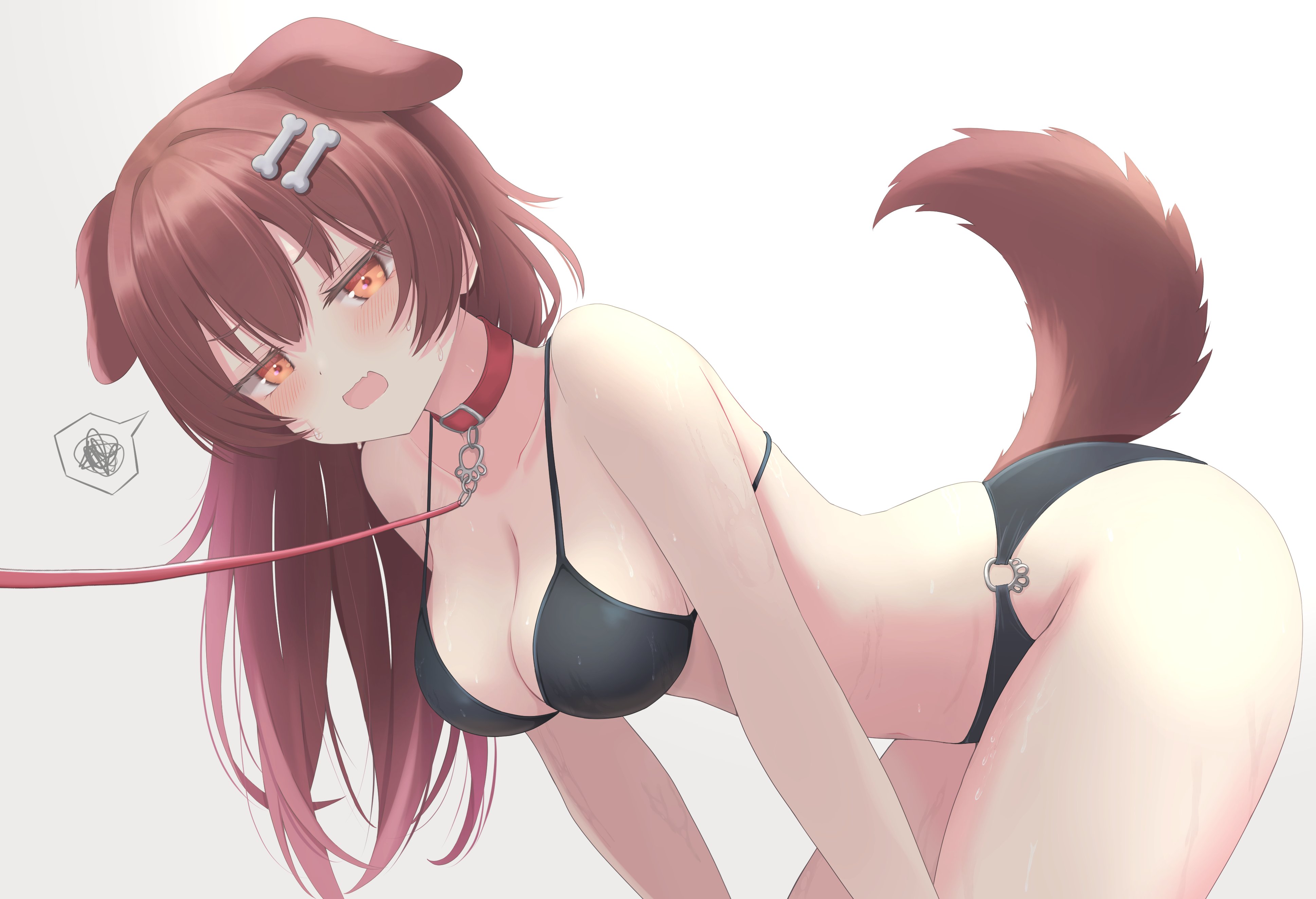 nishiki vx, inugami korone, hololive, absurdres, highres, 1girl, animal ears, bikini, black bikini, blush, bone hair ornament, breasts, brown hair, brown tail, collar, collarbone, dog ears, dog girl, dog tail, extra ears, frown, hair ornament, leaning forward, leash, looking at viewer, open mouth, red collar, red leash, solo, speech bubble, swimsuit, tail, virtual youtuber, white background