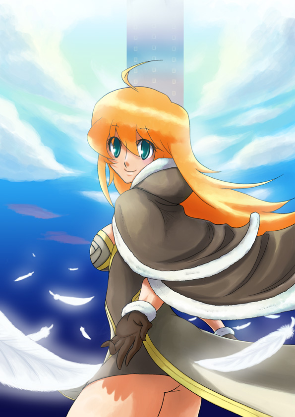 high wizard (ragnarok online), ragnarok online, commentary request, 1girl, ahoge, ass, blonde hair, blue eyes, blue sky, breasts, brown cape, brown dress, brown gloves, cape, closed mouth, cloud, cowboy shot, day, dress, feathers, fur-trimmed cape, fur-trimmed gloves, fur trim, gloves, in-universe location, long hair, looking at viewer, looking back, medium breasts, outdoors, reaching, reaching towards viewer, short dress, sky, smile, solo, suiku n, tower, underbutt, wind