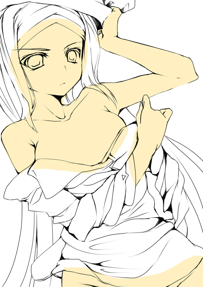 yu yu, soma peries, gundam, gundam 00, 00s, 1girl, female focus, hat, long hair, monochrome, simple background, solo, undressing, very long hair
