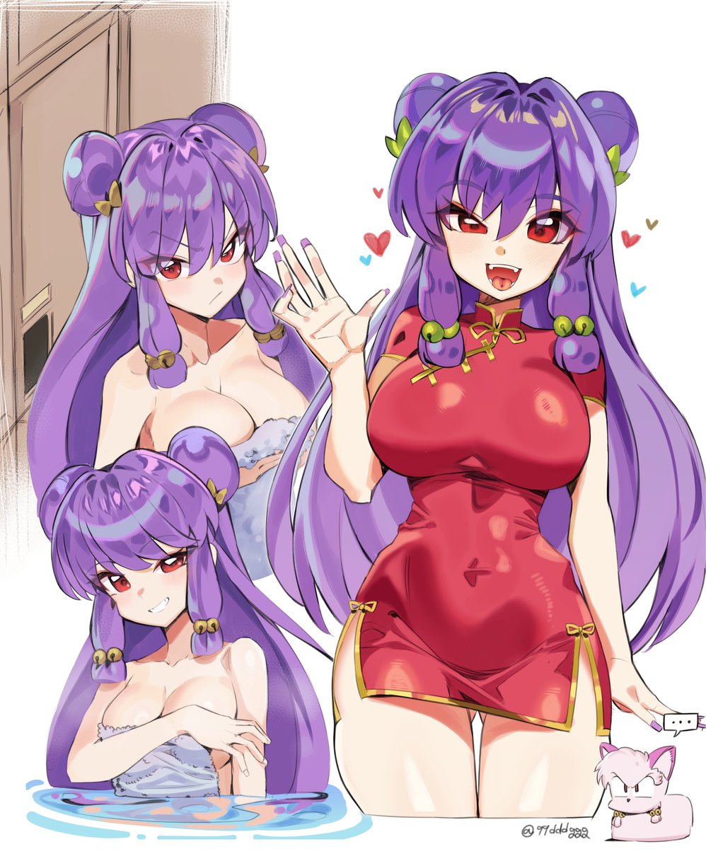 ddg160, shampoo (cat), shampoo (ranma 1/2), ranma 1/2, highres, …, artist name, bell, bow, breasts, cat, chinese clothes, cleavage, double bun, dress, dual persona, hair bell, hair bow, hair bun, hair ornament, heart, in water, long hair, microdress, multiple views, pink fur, purple hair, red dress, red eyes, sidelocks, smile, towel, water, yellow bow