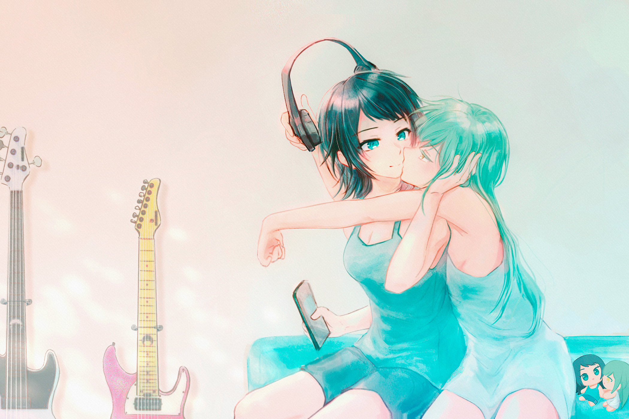 yakaze (yakaze1604), wakaba mutsumi, yahata umiri, bang dream!, bang dream! it's mygo!!!!!, chinese commentary, commentary request, highres, 2girls, bare arms, bass guitar, black hair, black shorts, black tank top, blue dress, blue eyes, blue hair, character doll, closed mouth, doll, dress, electric guitar, guitar, hand in another's hair, hand on another's face, headphones, indoors, instrument, kiss, kissing cheek, multiple girls, shorts, sitting, smile, tank top, yellow eyes, yuri