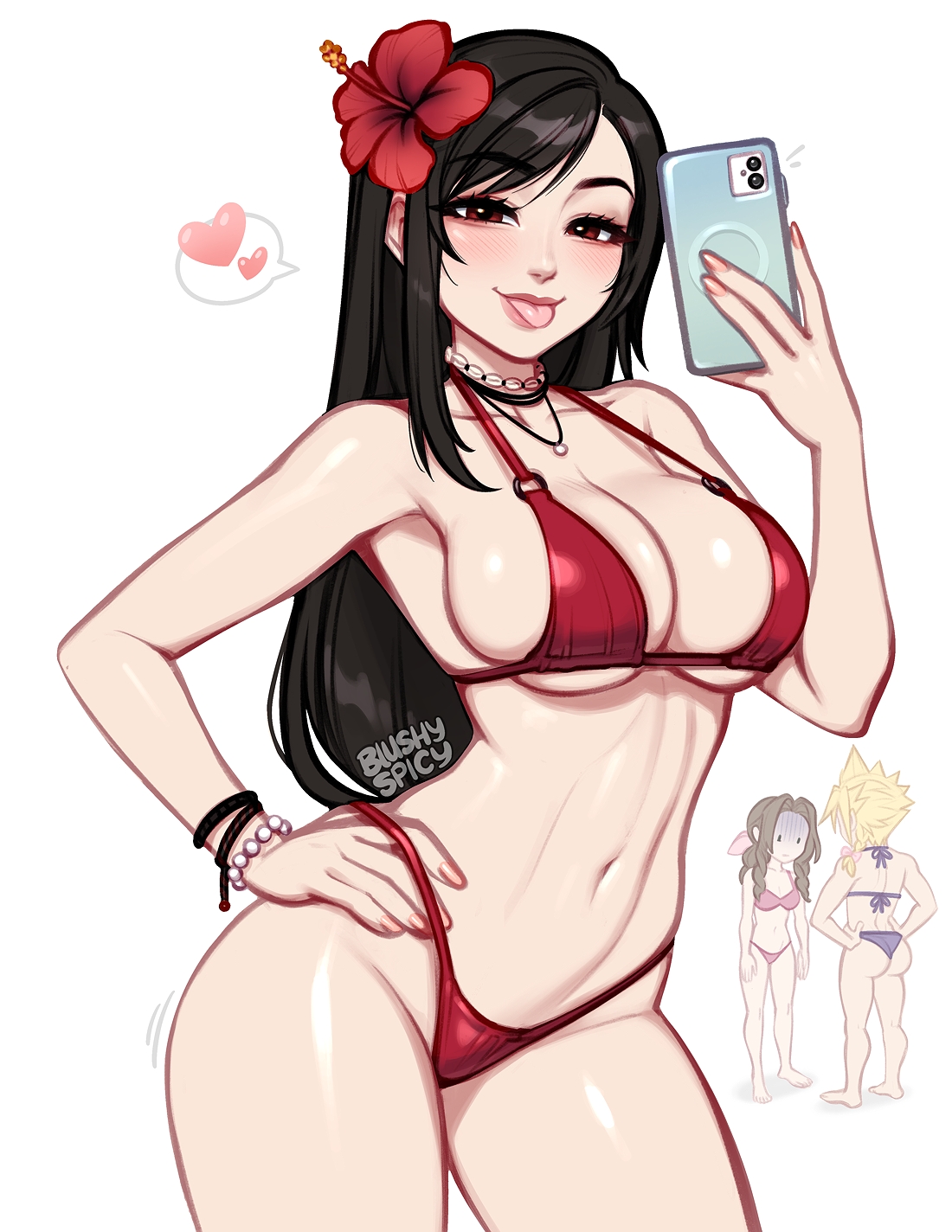 blushyspicy, aerith gainsborough, cloud strife, tifa lockhart, final fantasy, final fantasy vii, commentary, english commentary, highres, 1boy, 2girls, artist name, bead bracelet, beads, bikini, black hair, blonde hair, blush, bow, bracelet, breasts, brown hair, cellphone, cleavage, contrapposto, expression request, eyelashes, fingernails, flower, hair bow, hair flower, hair ornament, hand on own hip, hands on own hips, heart, holding, holding phone, jewelry, large breasts, long fingernails, looking at viewer, motion lines, multiple girls, navel, necklace, o-ring, o-ring bikini, phone, pink bow, red eyes, simple background, solo focus, speech bubble, spoken heart, standing, stomach, string bikini, swimsuit, thighs, tongue, tongue out, watermark, white background