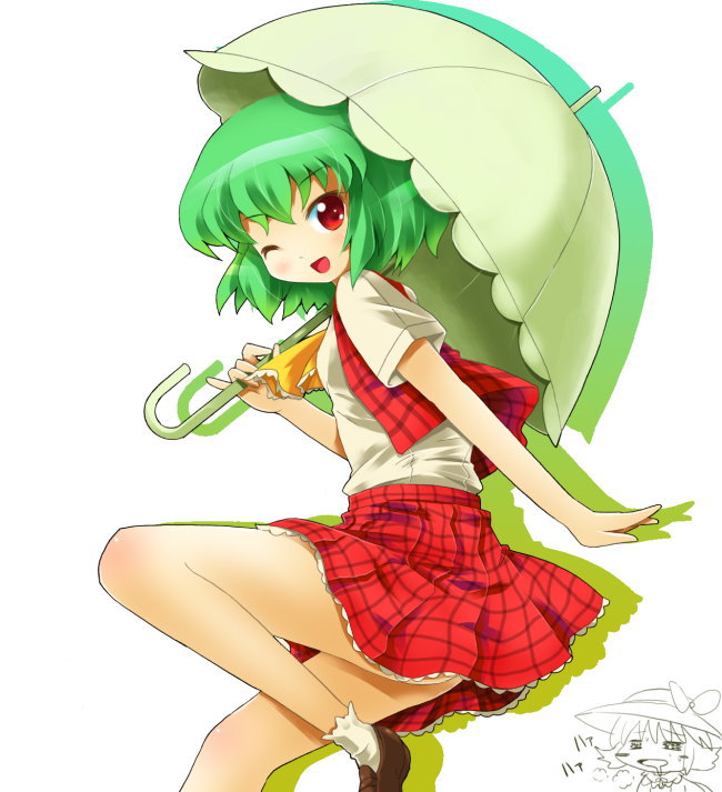 michii yuuki, elly (touhou), kazami yuuka, lotus land story, touhou, touhou (pc-98), 2girls, ascot, breath, chibi, chibi inset, female focus, green hair, heavy breathing, looking at viewer, multiple girls, one eye closed, parasol, plaid clothes, plaid skirt, plaid vest, red eyes, short hair, skirt, skirt set, umbrella, vest, white background