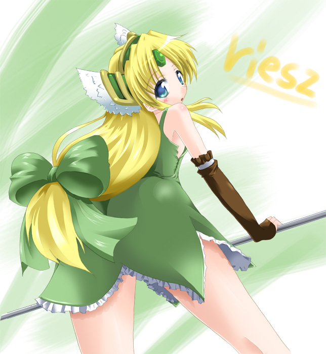 kazumi, riesz, seiken densetsu, seiken densetsu 3, 1girl, :o, ass, bent over, blonde hair, blue eyes, blush, bow, character name, circlet, dress, elbow gloves, embarrassed, female focus, fingerless gloves, frills, from behind, gloves, hair bow, hairband, helmet, long hair, looking back, low-tied long hair, open mouth, ponytail, solo, standing, thighs, very long hair, winged helmet
