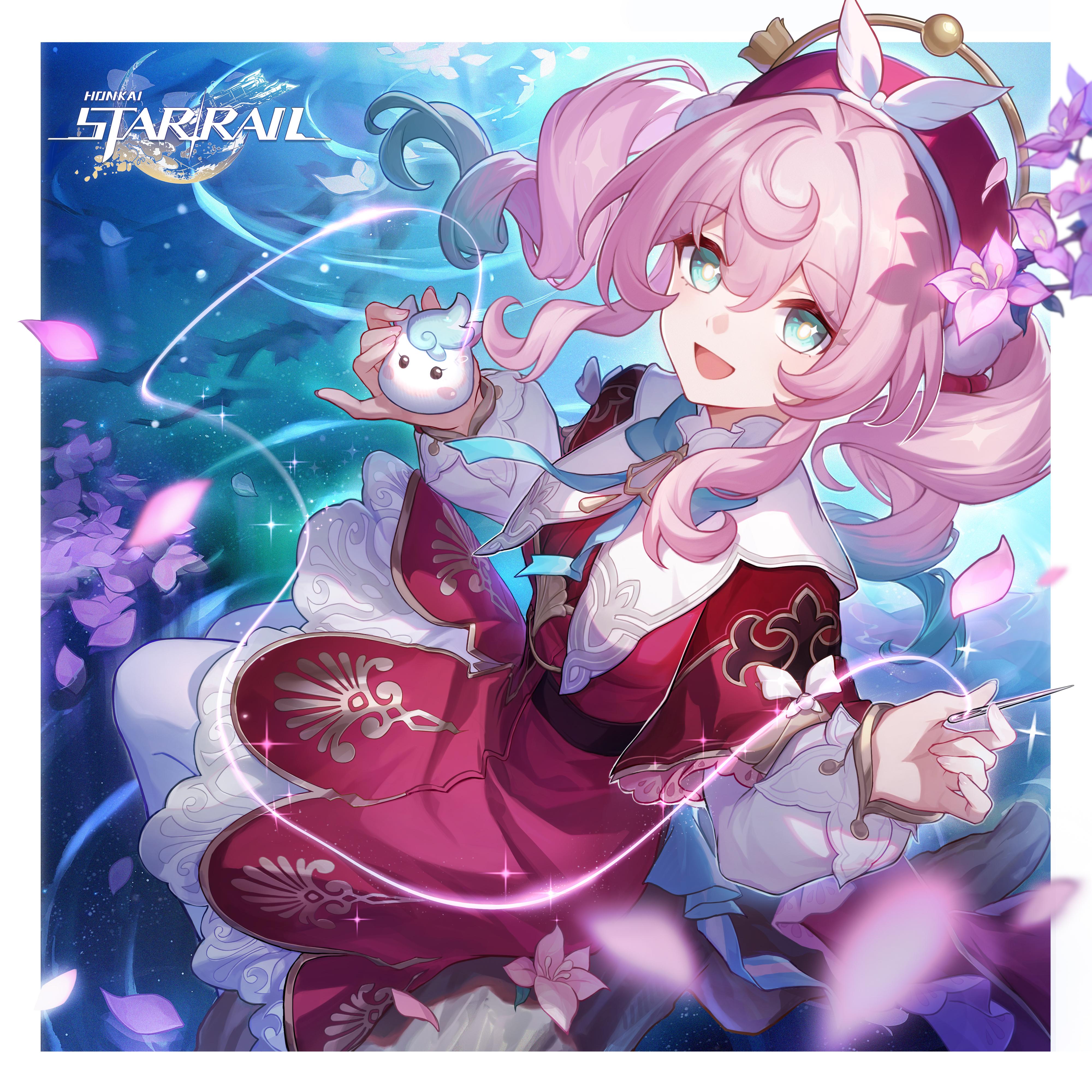 hyacine (honkai: star rail), little ica (honkai: star rail), honkai: star rail, honkai (series), absurdres, commentary, english commentary, highres, official art, 1girl, aqua bow, aqua bowtie, aqua eyes, aqua hair, bow, bowtie, dress, drill hair, falling petals, hair between eyes, hat, long sleeves, looking at viewer, medium hair, open mouth, pantyhose, petals, pink hair, red dress, red hat, smile, twin drills, twintails, white pantyhose