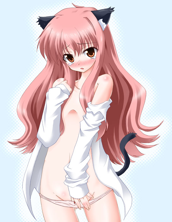 kazumi, louise francoise le blanc de la valliere, zero no tsukaima, 00s, 1girl, animal ears, bare shoulders, blush, bow, bow panties, cat ears, cat tail, censored, convenient censoring, dress shirt, embarrassed, fang, female focus, flat chest, groin, hair censor, hair over breasts, loli, long hair, lowleg, lowleg panties, no bra, no pants, off shoulder, open clothes, open mouth, open shirt, orange eyes, panties, panty pull, pink hair, pink panties, shirt, solo, tail, tears, underwear, undressing