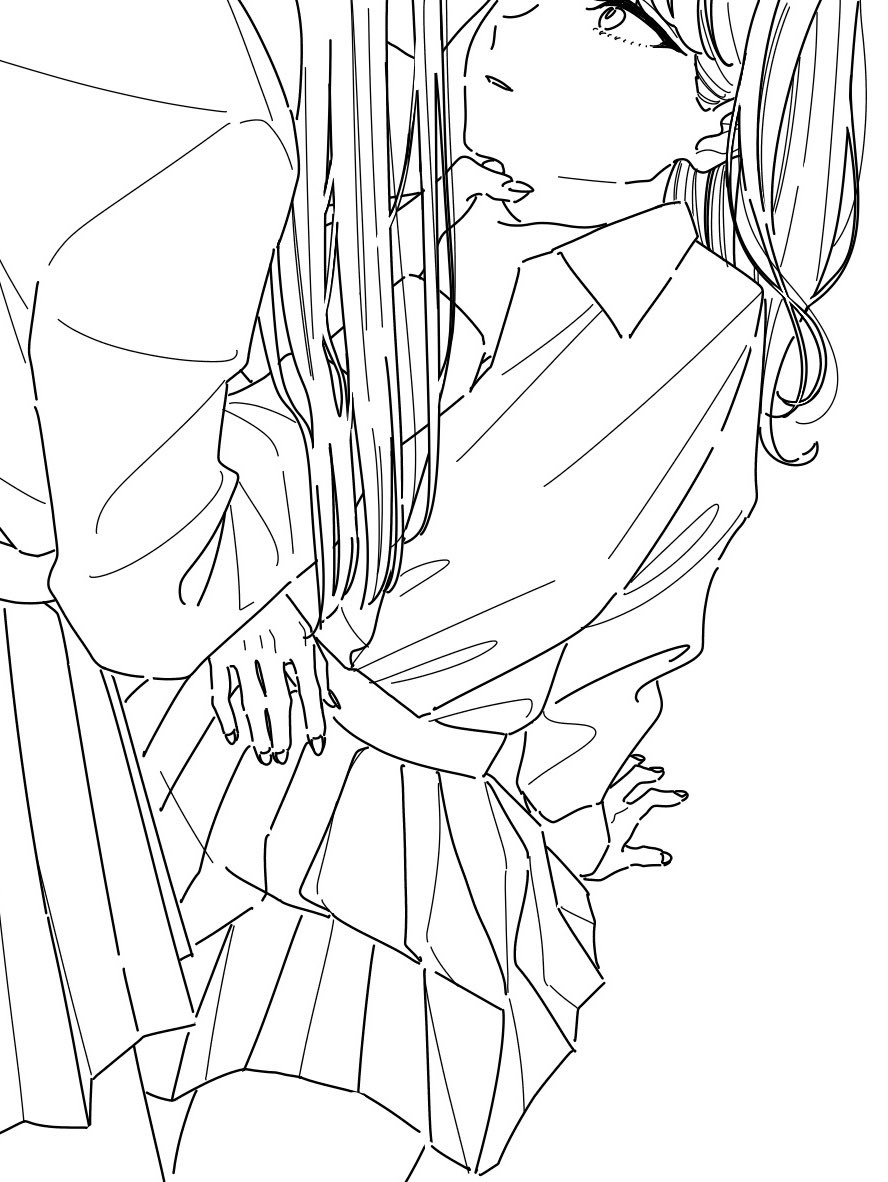 kamatama rom, original, 2girls, collared shirt, greyscale, long hair, long sleeves, looking at another, monochrome, multiple girls, parted lips, pleated skirt, school uniform, shirt, skirt, yuri