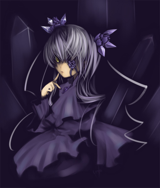 inemuri uno, barasuishou, rozen maiden, silver hair, 00s, 1girl, crystal, dress, expressionless, female focus, finger to mouth, flower eyepatch, hair ribbon, index finger raised, inemuriuno, long sleeves, looking at viewer, pink eyes, purple dress, ribbon, solo, upper body