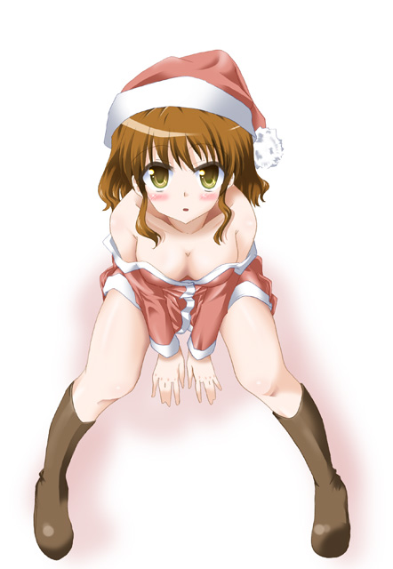 kazumi, original, 1girl, breasts, christmas, cleavage, female focus, hat, large breasts, santa costume, santa hat, solo