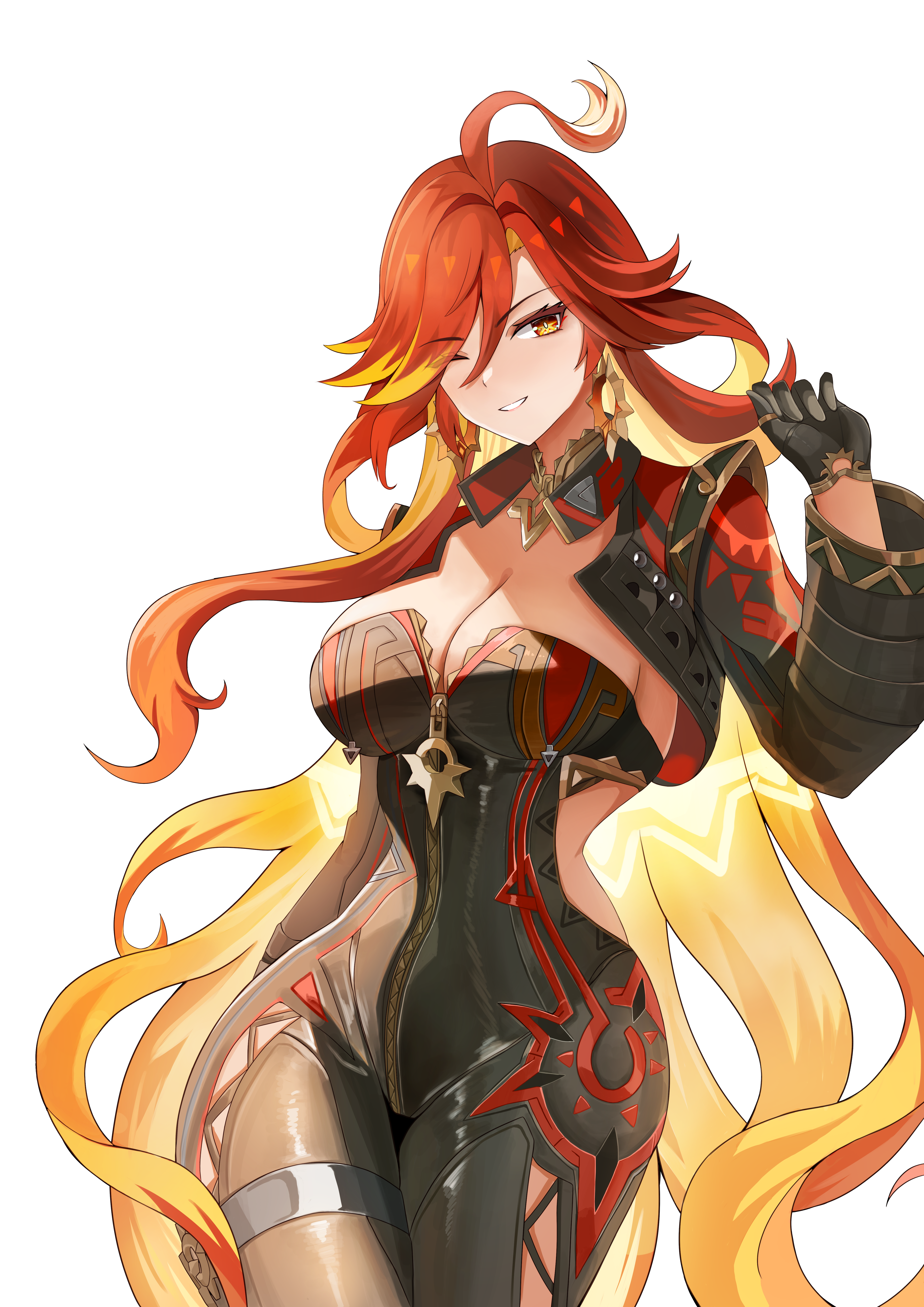 sevenninet47503, mavuika (genshin impact), genshin impact, absurdres, commentary request, highres, 1girl, ahoge, biker clothes, bikesuit, black bodysuit, black gloves, bodysuit, breasts, cleavage, cowboy shot, earrings, gloves, grin, hair between eyes, hand up, jewelry, large breasts, long hair, necklace, orange eyes, orange hair, orange pupils, sidelocks, simple background, smile, solo, strapless bodysuit, sun earrings, swept bangs, symbol in eye, teeth, thigh strap, very long hair, white background, zipper, zipper pull tab