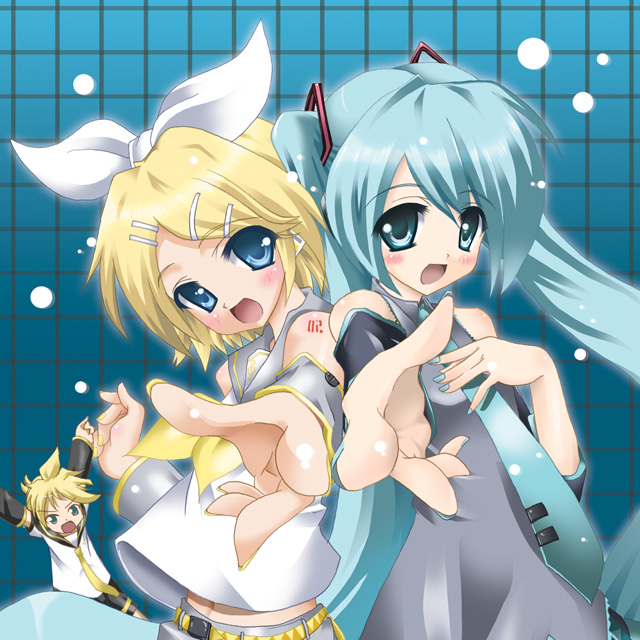 kazumi, hatsune miku, kagamine len, kagamine rin, vocaloid, 1boy, 2girls, aqua hair, arms up, belt, blonde hair, blue eyes, blush, brother and sister, buckle, collared shirt, detached sleeves, foreshortening, grey shirt, hair ornament, hair ribbon, hairclip, headgear, long hair, long sleeves, looking at viewer, multiple girls, nail polish, ribbon, sailor collar, school uniform, serafuku, shirt, short hair, siblings, swept bangs, tattoo, twins, twintails, very long hair, white ribbon, white shirt