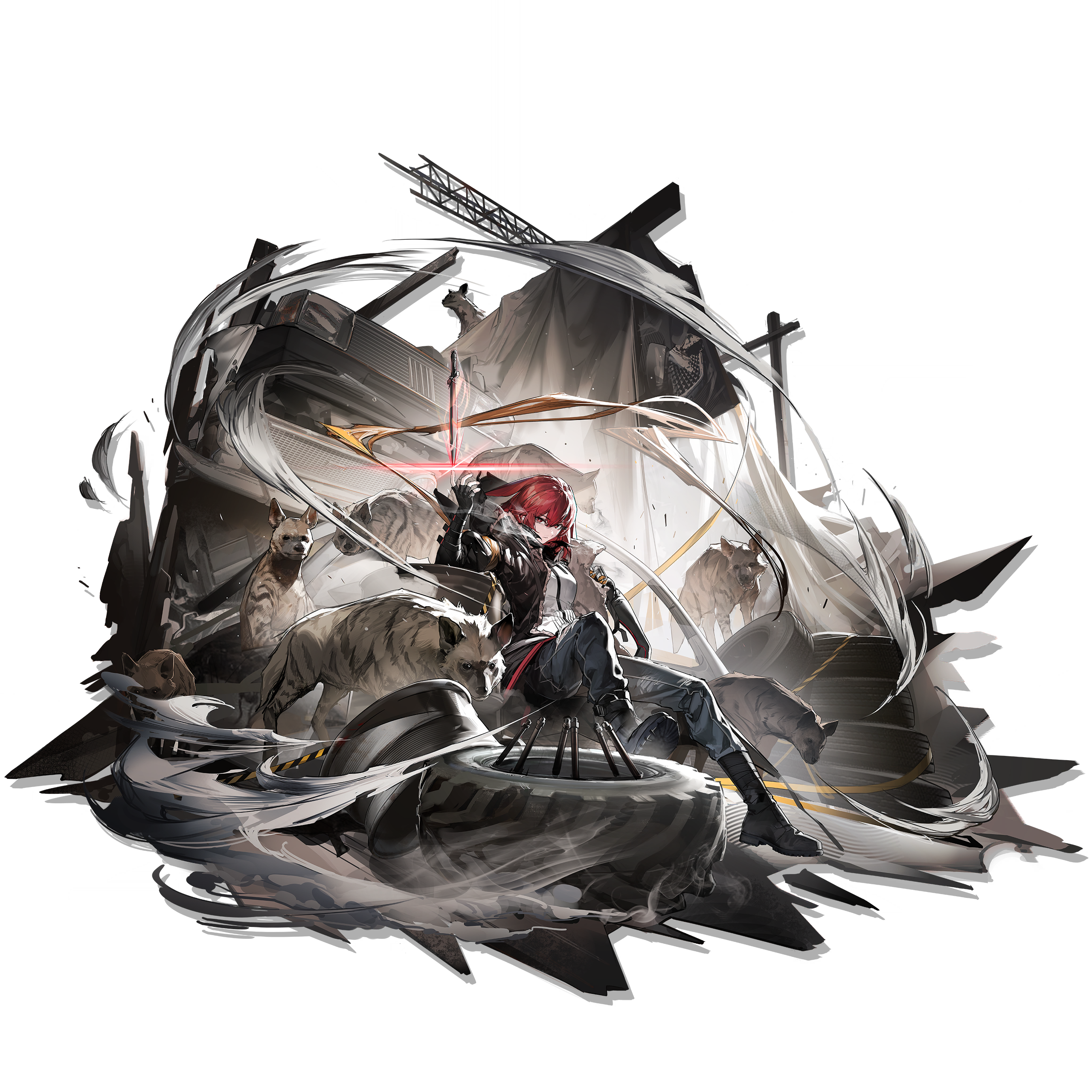 zhili xingzou, crownslayer (arknights), arknights, absurdres, highres, official art, 1girl, abandoned, armband, boots, car, closed mouth, dagger, denim, factory, floating, floating clothes, floating object, floating weapon, full body, hyena, hyena ears, jacket, jeans, junkyard, knife, motor vehicle, open clothes, open jacket, pants, red eyes, red hair, ruins, shirt, sitting, smoke, smoke trail, unused tire, weapon, white shirt