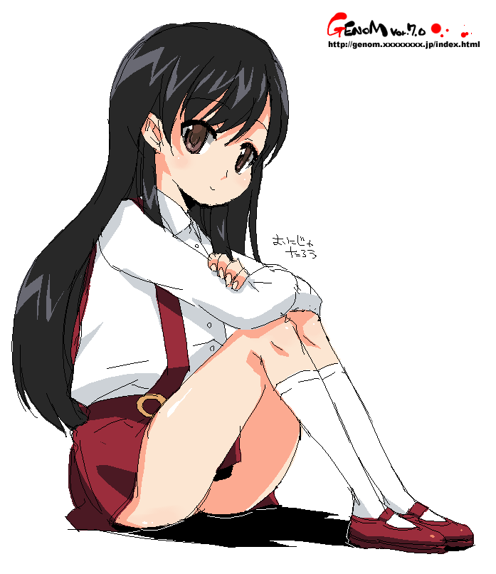 onija tarou, copyright request, black hair, brown eyes, long hair, oekaki, sitting, skirt, solo, suspender skirt, suspenders