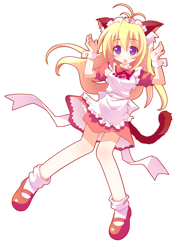tsuchiyama niu, original, ahoge, animal ears, apron, blonde hair, blue eyes, bonnet, bow, cat ears, cat tail, cuffs, frills, long hair, maid, maid apron, simple background, socks, solo, tail