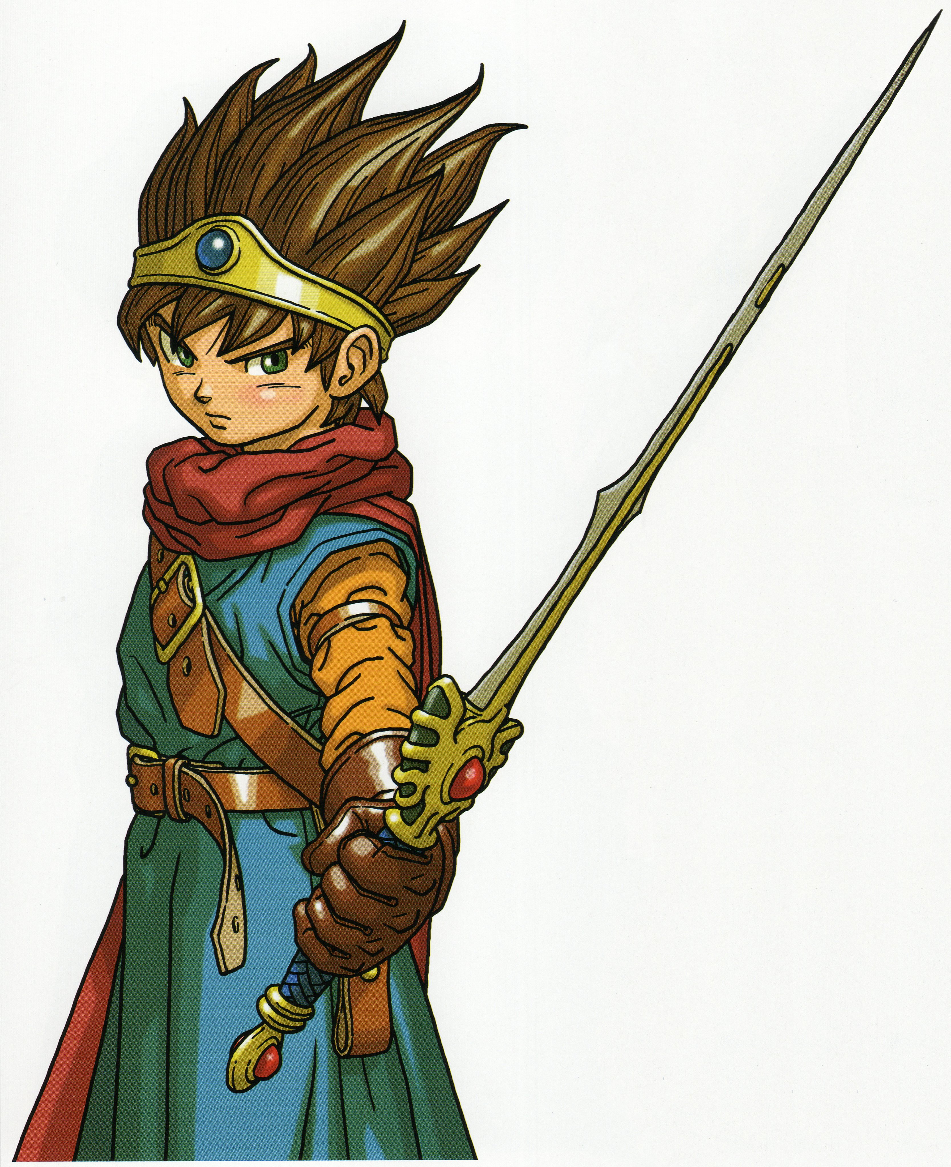 toriyama akira, hero (dq3), roto (dq3), dragon quest, dragon quest iii, absurdres, highres, official art, scan, third-party source, 1boy, armlet, belt, blue eyes, blue gemstone, blue tunic, brown belt, brown gloves, brown hair, cape, circlet, erdrick's sword, gem, gloves, gold circlet, holding, holding sword, holding weapon, jewelry, looking to the side, male focus, orange sleeves, red cape, short hair, spiked hair, sword, tunic, weapon, white background