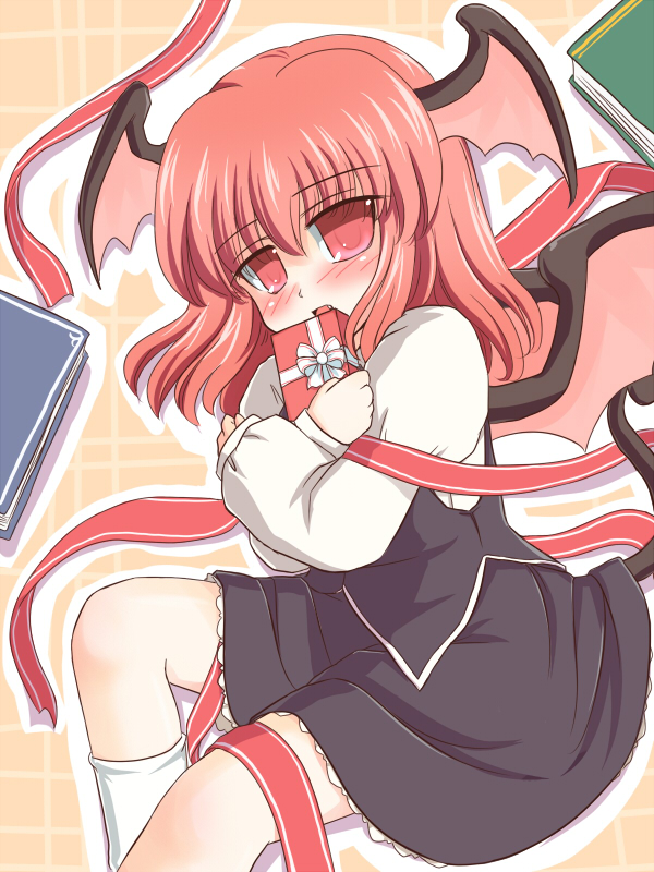 ry (yagoyago), koakuma, embodiment of scarlet devil, touhou, 1girl, blush, female focus, gift, head wings, holding, holding gift, ribbon, solo, wings