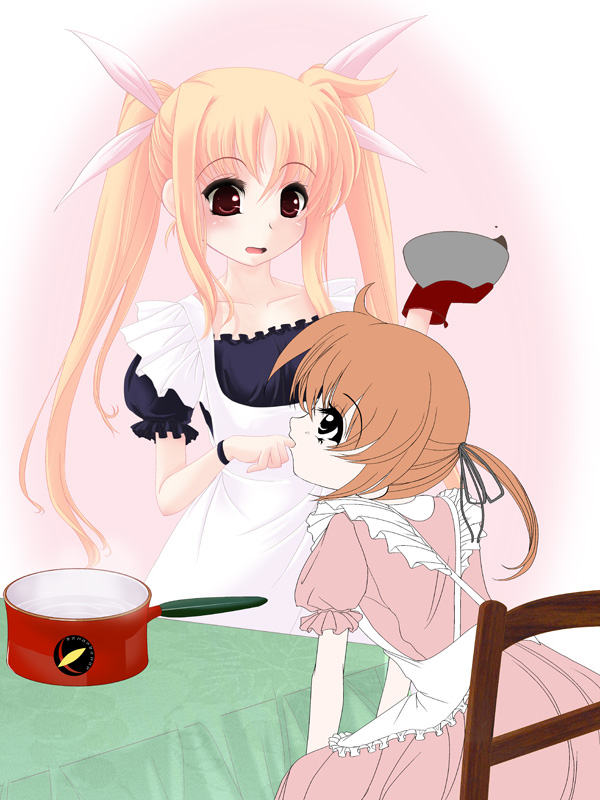 frapowa, fate testarossa, takamachi nanoha, lyrical nanoha, mahou shoujo lyrical nanoha, unfinished, 00s, 2girls, :d, apron, blonde hair, chair, cooking pot, dress, green eyes, multiple girls, open mouth, pink dress, puffy short sleeves, puffy sleeves, red eyes, short sleeves, sitting, smile, standing, table, tablecloth, twintails, white dress