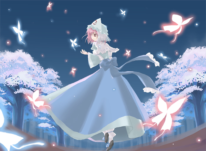 saigyouji yuyuko, touhou, 1girl, arm garter, black shoes, blue bow, blue dress, blue hat, bow, bug, butterfly, dress, female focus, forest, frilled shirt collar, frills, full body, glowing, glowing butterfly, hat, insect, long sleeves, mob cap, nature, night, night sky, pink hair, plant, profile, red eyes, see-through clothes, shoes, short hair, sky, solo, tree, triangular headpiece, veil, wide hips