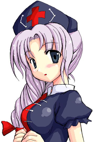 tilm, yagokoro eirin, touhou, light purple hair, jpeg artifacts, 1girl, :o, black eyes, braid, breasts, female focus, grey eyes, hat, nurse cap, oekaki, puffy short sleeves, puffy sleeves, short sleeves, simple background, single braid, solo, upper body, white background, white hair