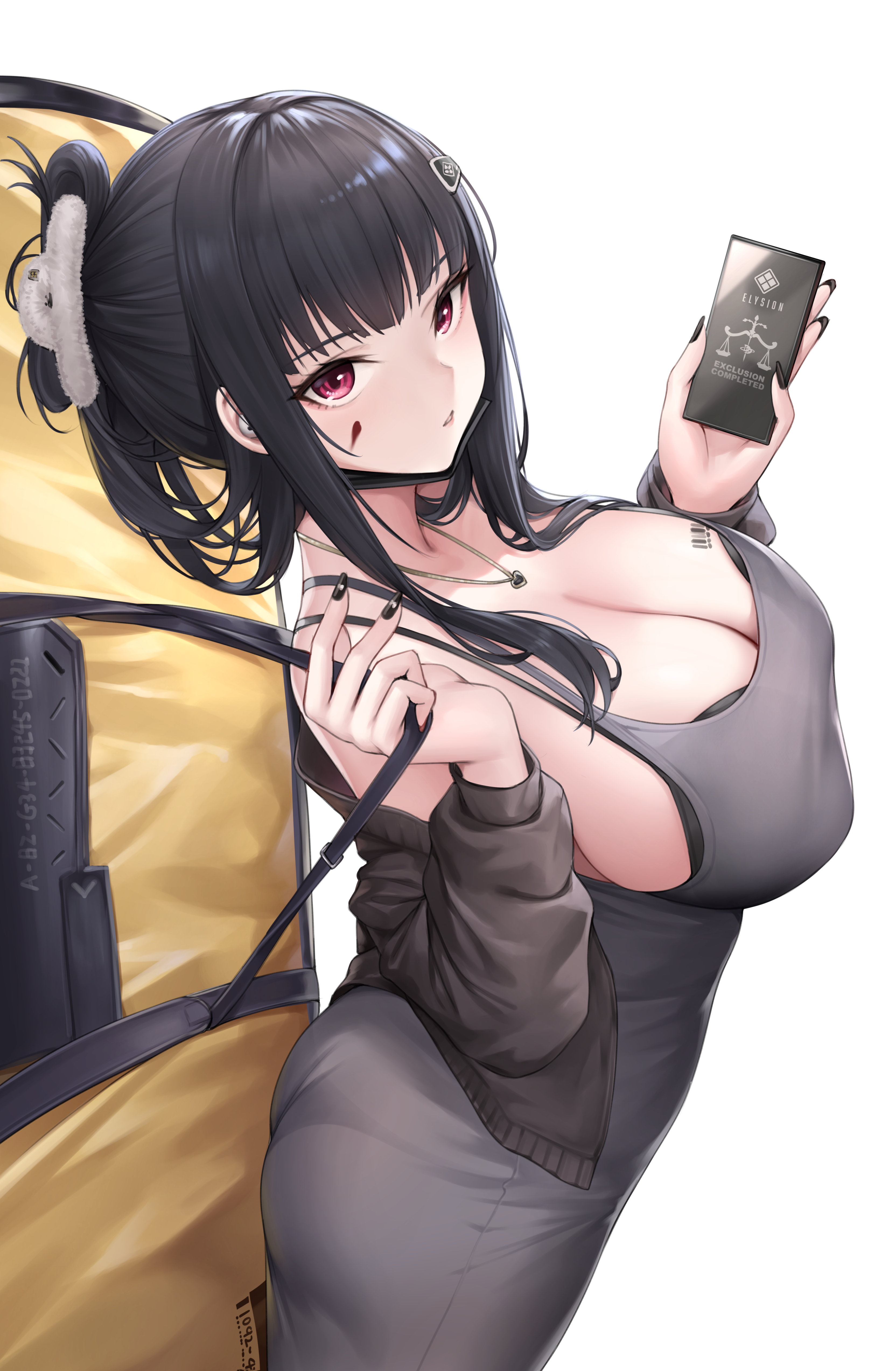 kurone rinka, d (killer wife) (nikke), d (nikke), goddess of victory: nikke, absurdres, highres, 1girl, ass, bag, barcode, barcode tattoo, bare shoulders, black bra, black hair, black nails, bra, bra peek, breast tattoo, breasts, cellphone, cleavage, dress, duffel bag, grey dress, hair ornament, hairclip, huge breasts, long hair, long sleeves, looking at viewer, nail polish, phone, purple eyes, sideboob, sidelocks, simple background, solo, tattoo, underwear, white background