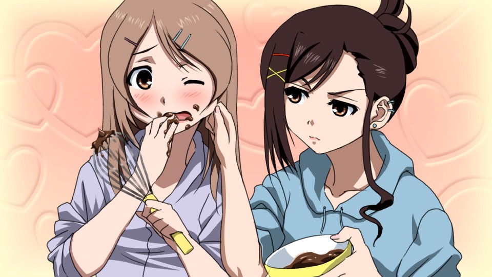 sanshita, sakurai kanade, sakurai yukino, candy boy, 00s, 2girls, ;o, annoyed, blush, bowl, brown eyes, brown hair, cheek pull, chocolate, earrings, food, food on face, hair ornament, hairclip, heart, heart background, jewelry, long hair, multiple girls, one eye closed, open mouth, orange background, shirt, short hair, siblings, sisters, updo, whisk