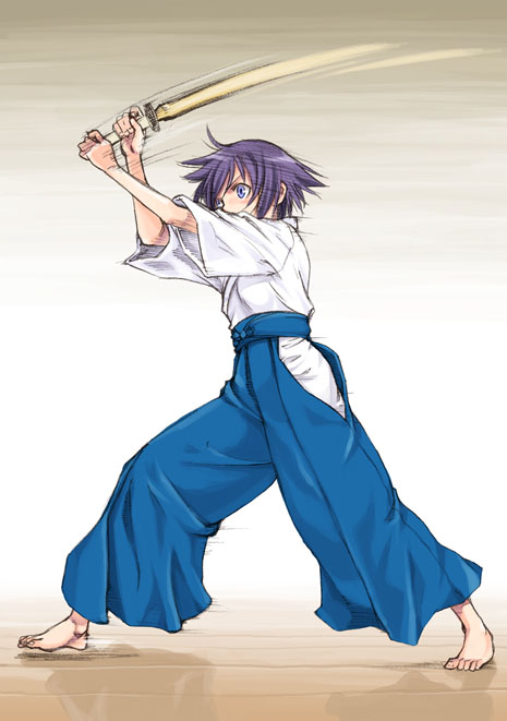 satou atsuki, kawazoe tamaki, bamboo blade, 00s, 1girl, barefoot, blue eyes, blue hakama, feet, female focus, gradient background, hakama, hakama skirt, japanese clothes, kendo, purple hair, shinai, short hair, skirt, solo, sword, weapon