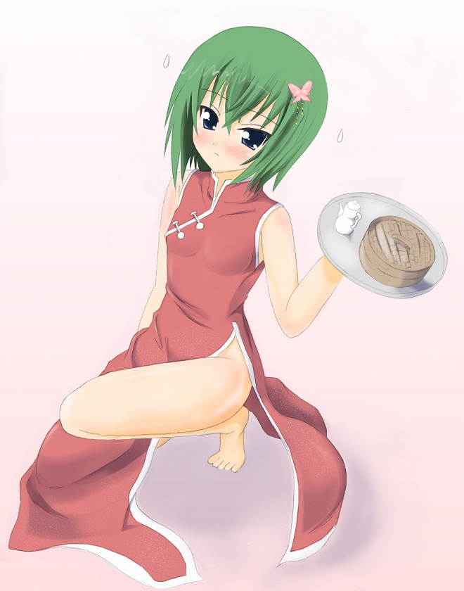 kuro inu, kuroinu (sonoba shinogi), iwasaki minami, lucky star, 00s, 1girl, barefoot, china dress, chinese clothes, dress, female focus, flat chest, no panties, solo