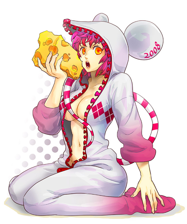 koaki, original, 1girl, animal ears, breasts, cheese, cleavage, female focus, food, large breasts, mouse ears, sleeves pushed up, solo, unzipped