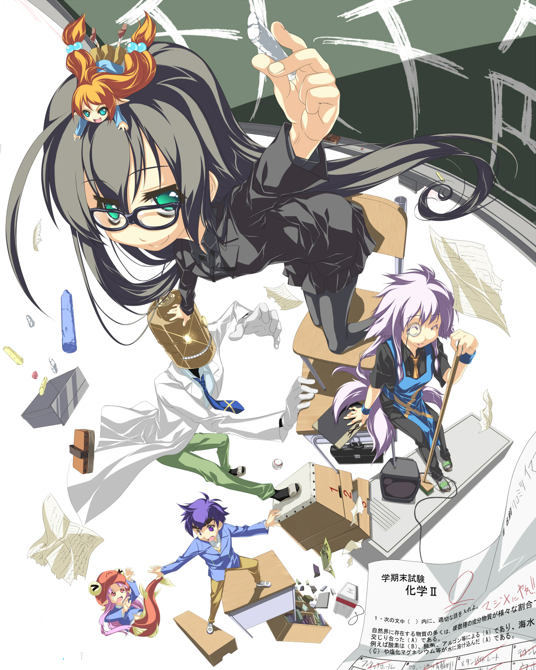 midori no ruupe, original, highres, black hair, blue hair, bookshelf, broom, chalk, chalkboard, formal clothes, glasses, green eyes, hat, lab coat, mini person, minigirl, monocle, monocle chain, necktie, pantyhose, paper, pointy ears, purple hair, solo