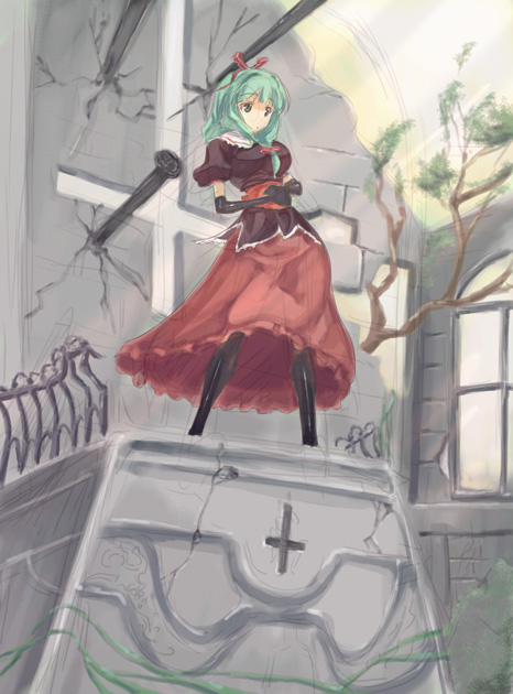 yohane, kagiyama hina, touhou, 1girl, dress, elbow gloves, female focus, frills, front ponytail, gloves, green eyes, green hair, hairband, matching hair/eyes, solo, standing