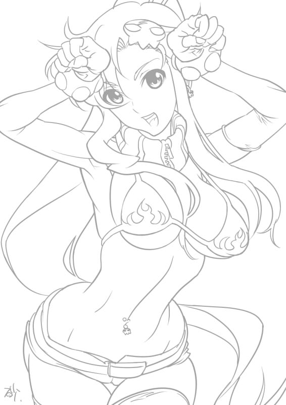 suna (sandworks), yoko littner, tengen toppa gurren lagann, 00s, 1girl, armpits, bikini, bikini top only, breasts, caramelldansen, curvy, elbow gloves, female focus, gloves, greyscale, large breasts, long hair, monochrome, narrow waist, navel, navel piercing, open mouth, piercing, ponytail, short shorts, shorts, skindentation, solo, swimsuit, thighhighs, toned, toned female, underboob