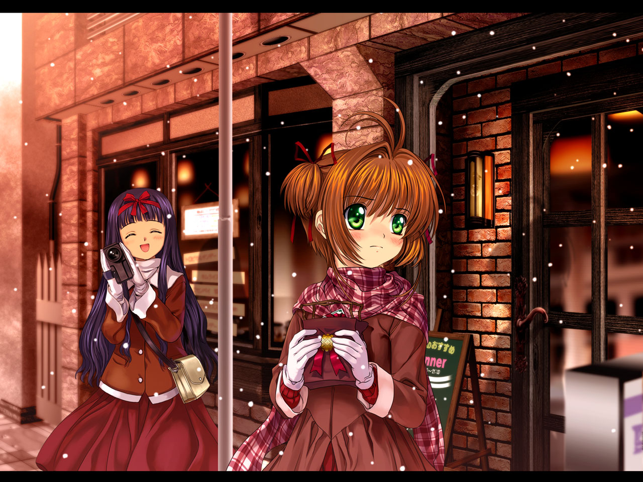 mutsuki (moonknives), daidouji tomoyo, kinomoto sakura, cardcaptor sakura, kodansha, ^o^, 1990s (style), 2girls, ^ ^, averting eyes, bag, blue hair, blush, brown hair, camcorder, camera, child, closed eyes, gloves, green eyes, hair ribbon, hairband, holding, letterboxed, long hair, multiple girls, outdoors, plaid clothes, plaid scarf, red ribbon, retro artstyle, ribbon, scarf, short hair, skirt, snow, snowing, twintails, valentine, video camera, white gloves