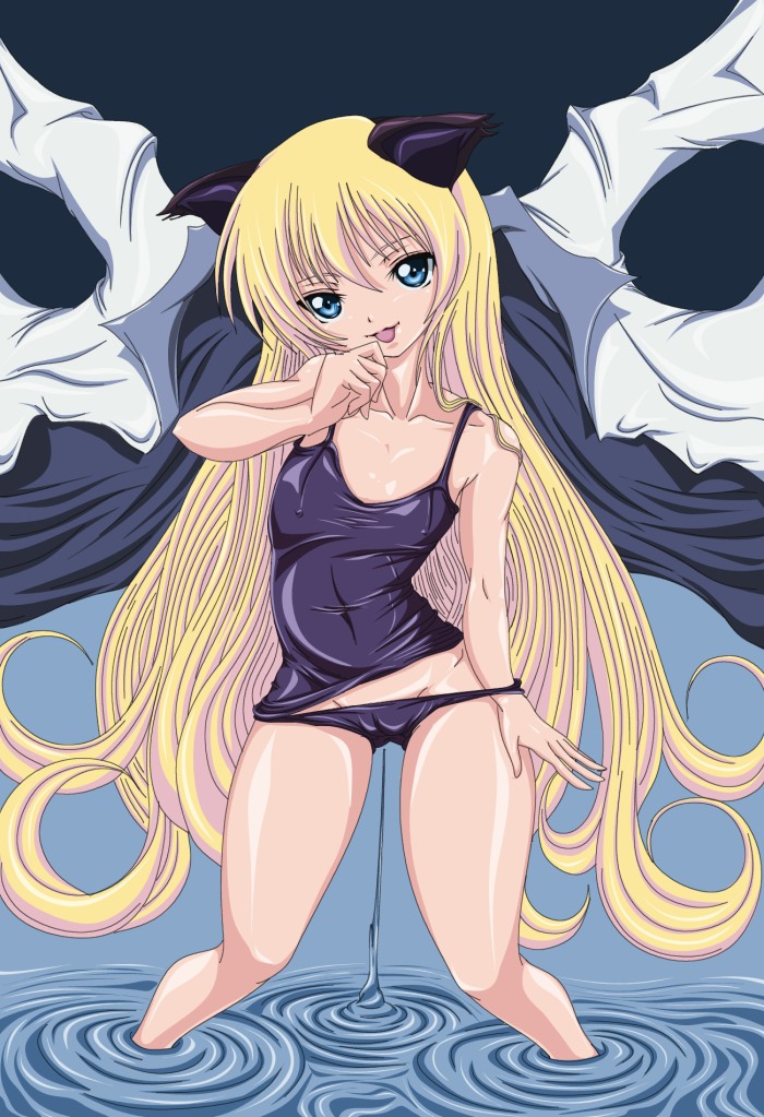 madhatter hello, bad id, bad pixiv id, 1girl, black one-piece swimsuit, blonde hair, blue eyes, female focus, one-piece swimsuit, school swimsuit, school swimsuit flap, solo, swimsuit, wardrobe error