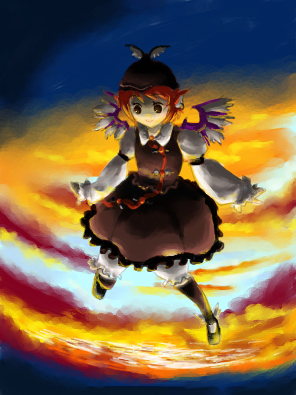 takanashi minato, mystia lorelei, touhou, 1girl, brown dress, cloud, cloudy sky, dress, feathered wings, female focus, flying, frills, full body, hat, head wings, long sleeves, mob cap, sky, solo, sunlight, sunset, wings