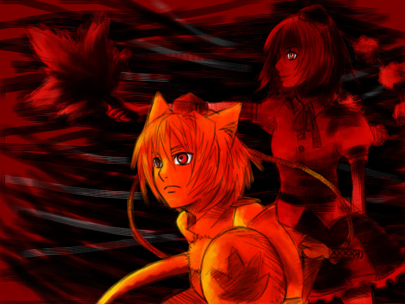 takanashi minato, inubashiri momiji, shameimaru aya, touhou, 2girls, female focus, monochrome, multiple girls, red theme