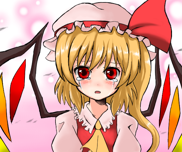 haro (artist), flandre scarlet, touhou, 1girl, blonde hair, blouse, blush, collared shirt, crying, crying with eyes open, female focus, hat, mob cap, oekaki, pink background, shirt, solo, tears, white hat, white shirt, wings