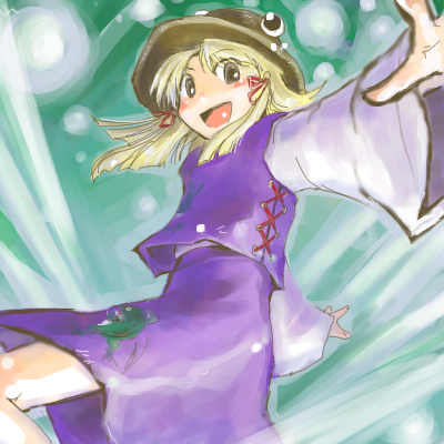 moriya suwako, touhou, lowres, 1girl, blouse, brown hat, female focus, green background, hat, oekaki, purple shirt, shirt, solo